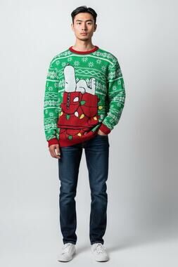 Peanuts Snoopy Ugly Xmas Sweater Green Holiday Lights Doghouse Men's XL